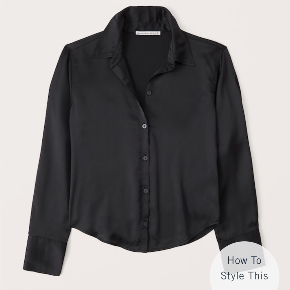 Abercrombie Long-Sleeve Satin Button-Up Shirt in black
